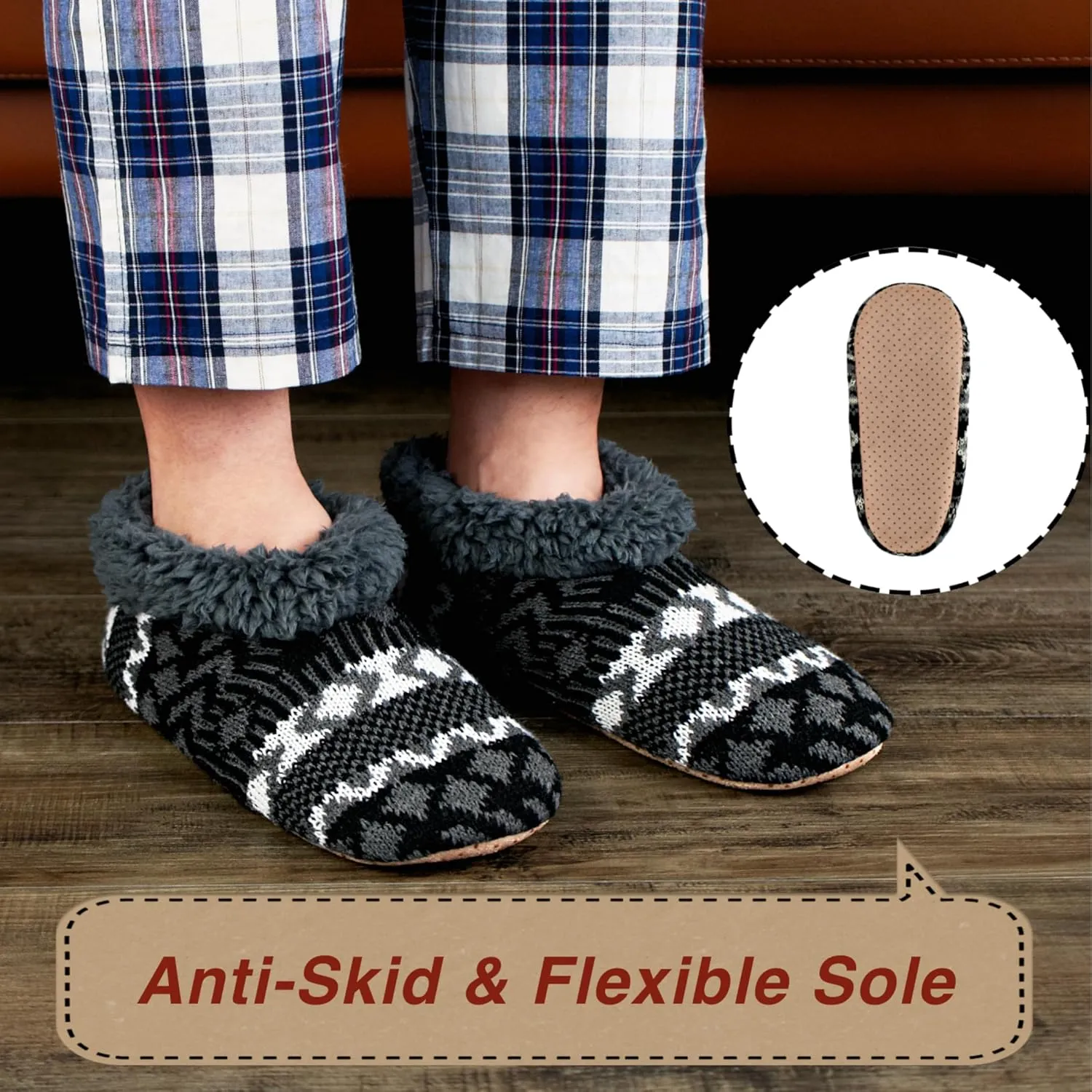 2-Pair Men's Slipper Socks Fluffy Sherpa Lined, Winter Cable Knit Warm Gripper Sock Set Non-Skid Soles, Cozy Gifts for Men, Sizes 8-15
