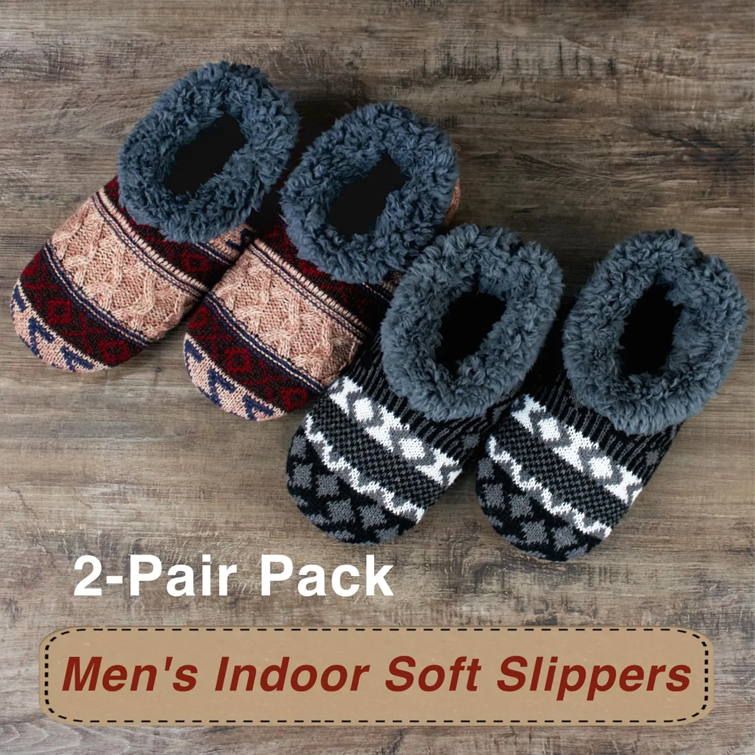2-Pair Men's Slipper Socks Fluffy Sherpa Lined, Winter Cable Knit Warm Gripper Sock Set Non-Skid Soles, Cozy Gifts for Men, Sizes 8-15