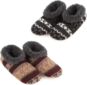 2-Pair Men's Slipper Socks Fluffy Sherpa Lined, Winter Cable Knit Warm Gripper Sock Set Non-Skid Soles, Cozy Gifts for Men, Sizes 8-15