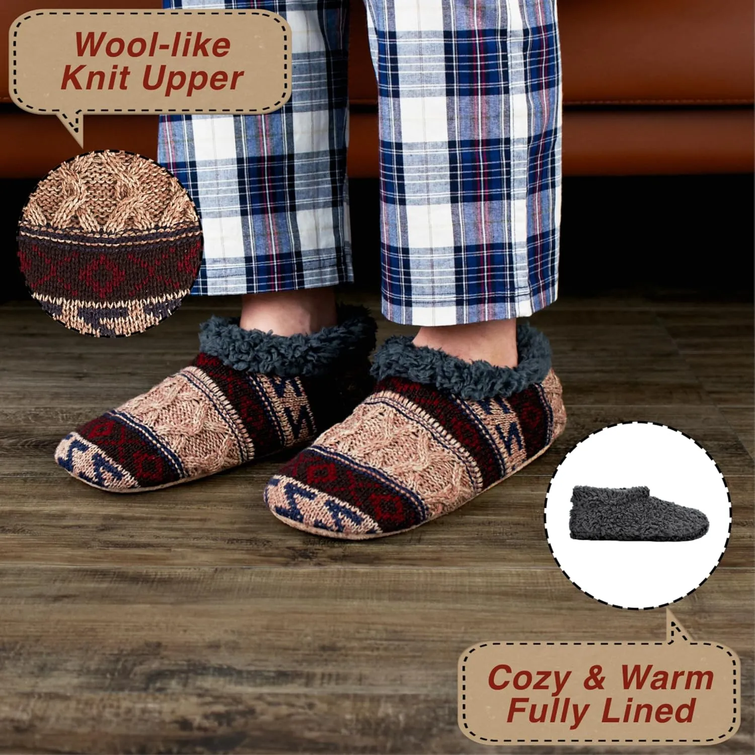 2-Pair Men's Slipper Socks Fluffy Sherpa Lined, Winter Cable Knit Warm Gripper Sock Set Non-Skid Soles, Cozy Gifts for Men, Sizes 8-15