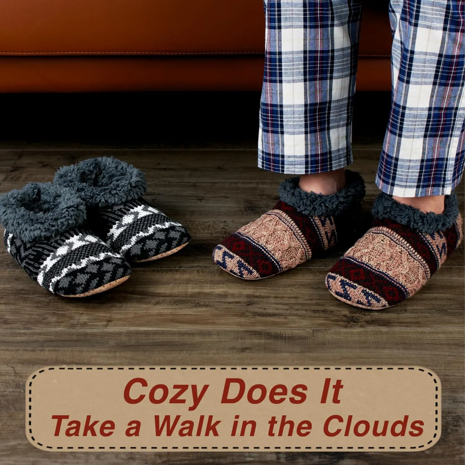 2-Pair Men's Slipper Socks Fluffy Sherpa Lined, Winter Cable Knit Warm Gripper Sock Set Non-Skid Soles, Cozy Gifts for Men, Sizes 8-15