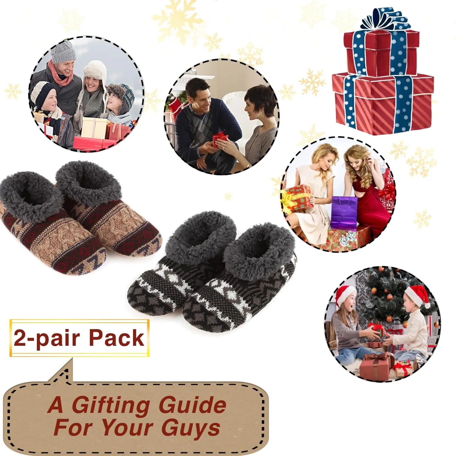 2-Pair Men's Slipper Socks Fluffy Sherpa Lined, Winter Cable Knit Warm Gripper Sock Set Non-Skid Soles, Cozy Gifts for Men, Sizes 8-15
