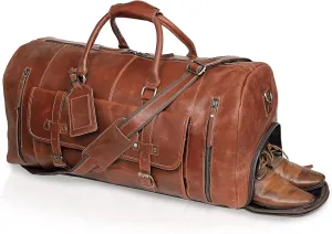24 Inch Leather Duffle Bags for Men Large Full-Grain Buffalo Leather Overnight Gym Bag, Luggage Weekend Travel Bag for Men & Women, Carry On Airplane Cabin Bag with Shoe Compartment