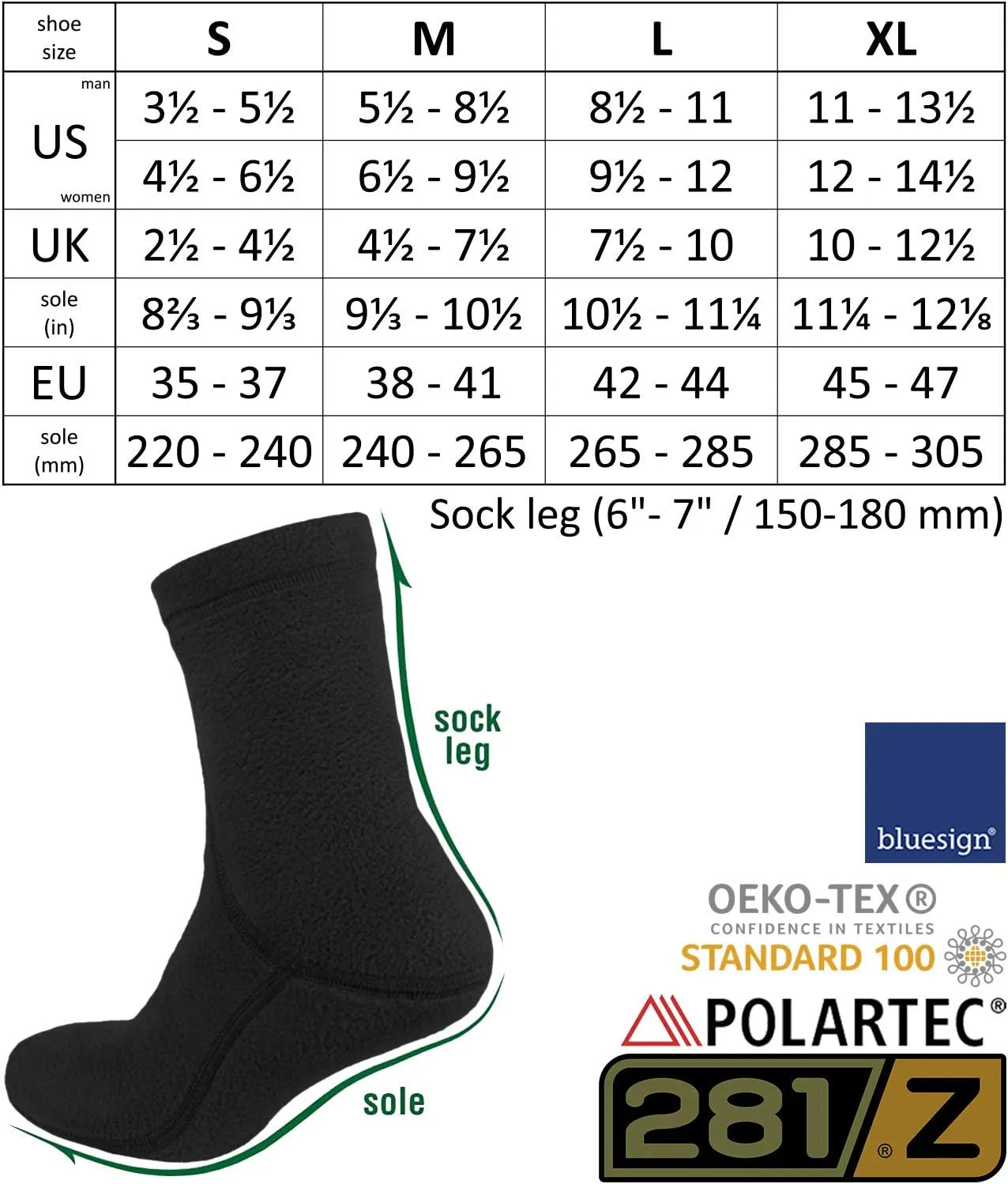 281Z Hiking Warm 6 inch Boot Liner Socks - Military Tactical Outdoor Sport - Polartec Fleece Winter Socks