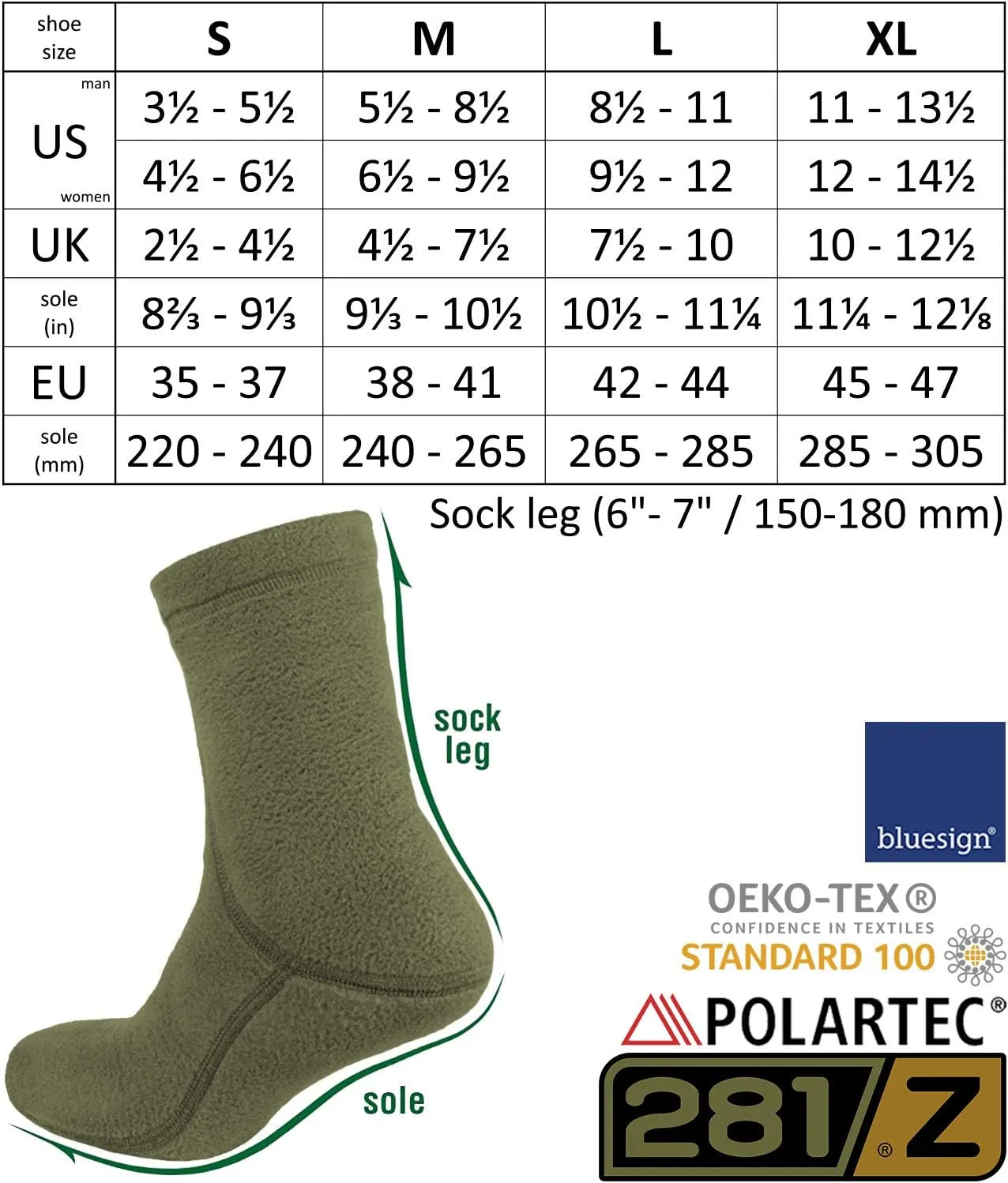 281Z Military Warm 6 inch Liners Boot Socks - Outdoor Tactical Hiking Sport - Polartec Fleece Winter Socks
