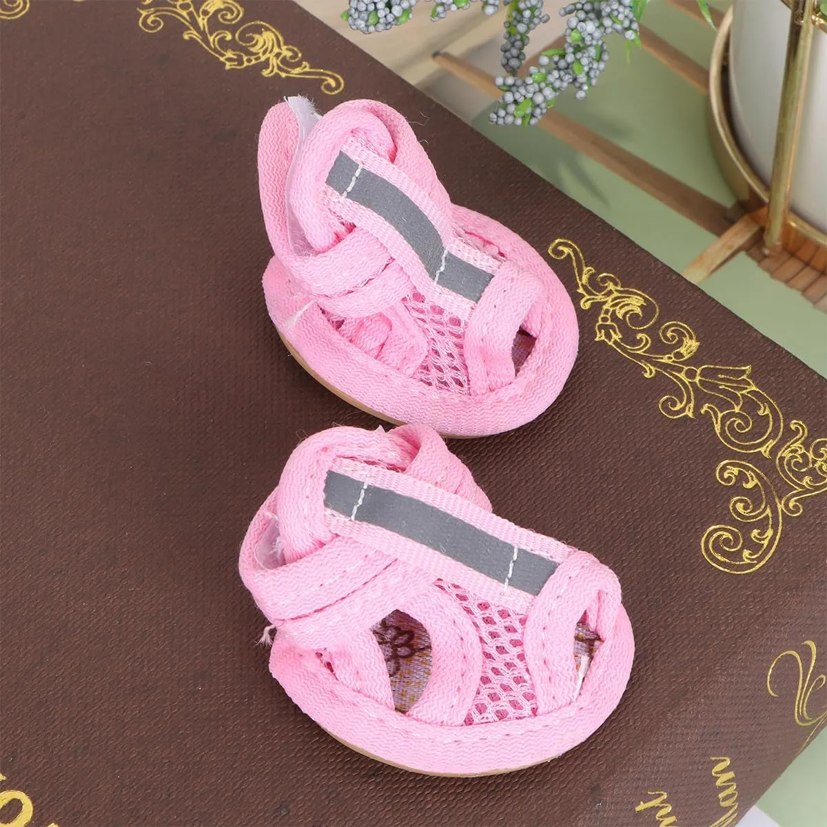 4pcs Summer Dog Shoes for Hot Pavement, Pet Dog Breathable Boots Dog Mesh Sandals Breathable Summer Dog Shoes Antis- Slip Sneakers for Small Dog Cat Walking Running Outdoor (Pink) Size1