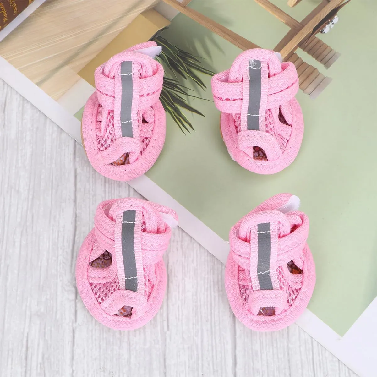 4pcs Summer Dog Shoes for Hot Pavement, Pet Dog Breathable Boots Dog Mesh Sandals Breathable Summer Dog Shoes Antis- Slip Sneakers for Small Dog Cat Walking Running Outdoor (Pink) Size1