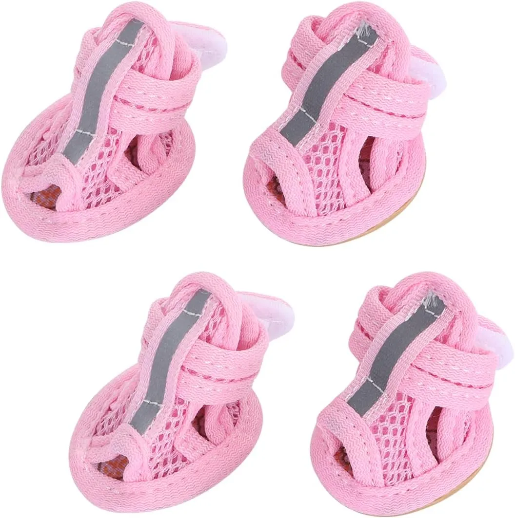 4pcs Summer Dog Shoes for Hot Pavement, Pet Dog Breathable Boots Dog Mesh Sandals Breathable Summer Dog Shoes Antis- Slip Sneakers for Small Dog Cat Walking Running Outdoor (Pink) Size1