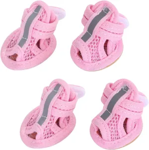 4pcs Summer Dog Shoes for Hot Pavement, Pet Dog Breathable Boots Dog Mesh Sandals Breathable Summer Dog Shoes Antis- Slip Sneakers for Small Dog Cat Walking Running Outdoor (Pink) Size1