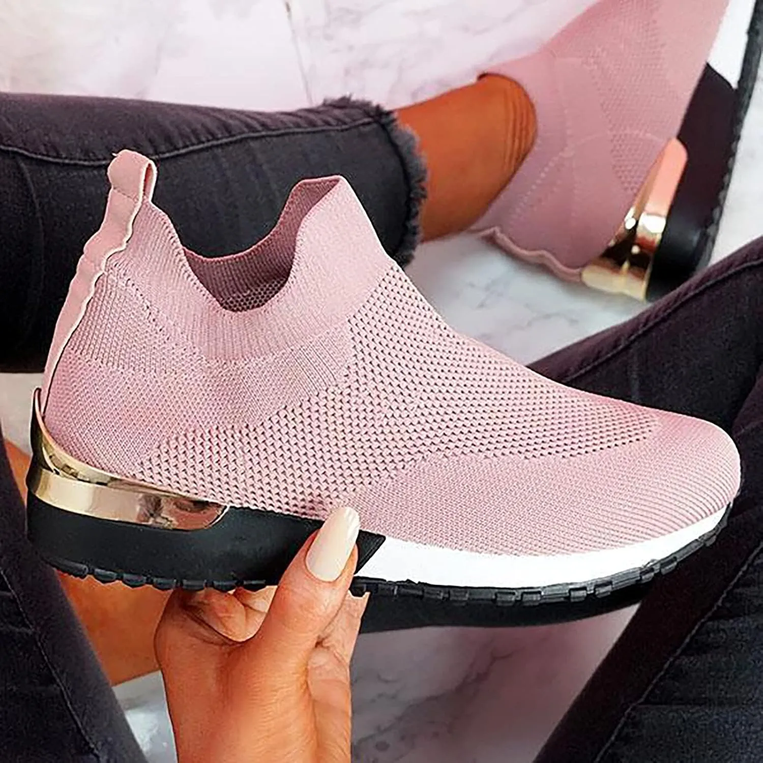 Air Cushion Slip-on Walking Shoes for Women,Orthopedic Diabetic Walking Shoes with Arch Support,Casual Breathable Knit Mesh Wedge Platform Sneaker Sandals