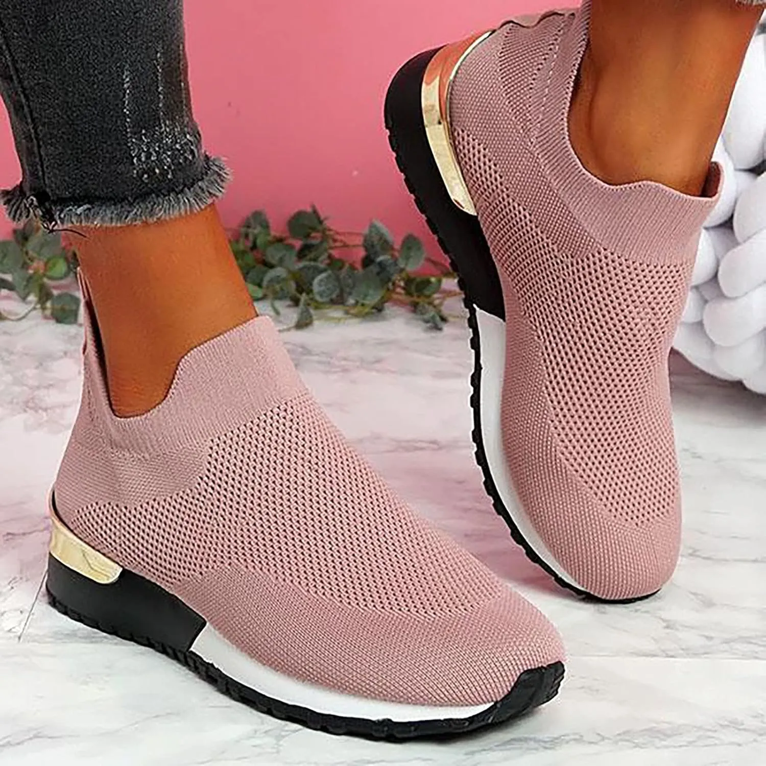 Air Cushion Slip-on Walking Shoes for Women,Orthopedic Diabetic Walking Shoes with Arch Support,Casual Breathable Knit Mesh Wedge Platform Sneaker Sandals