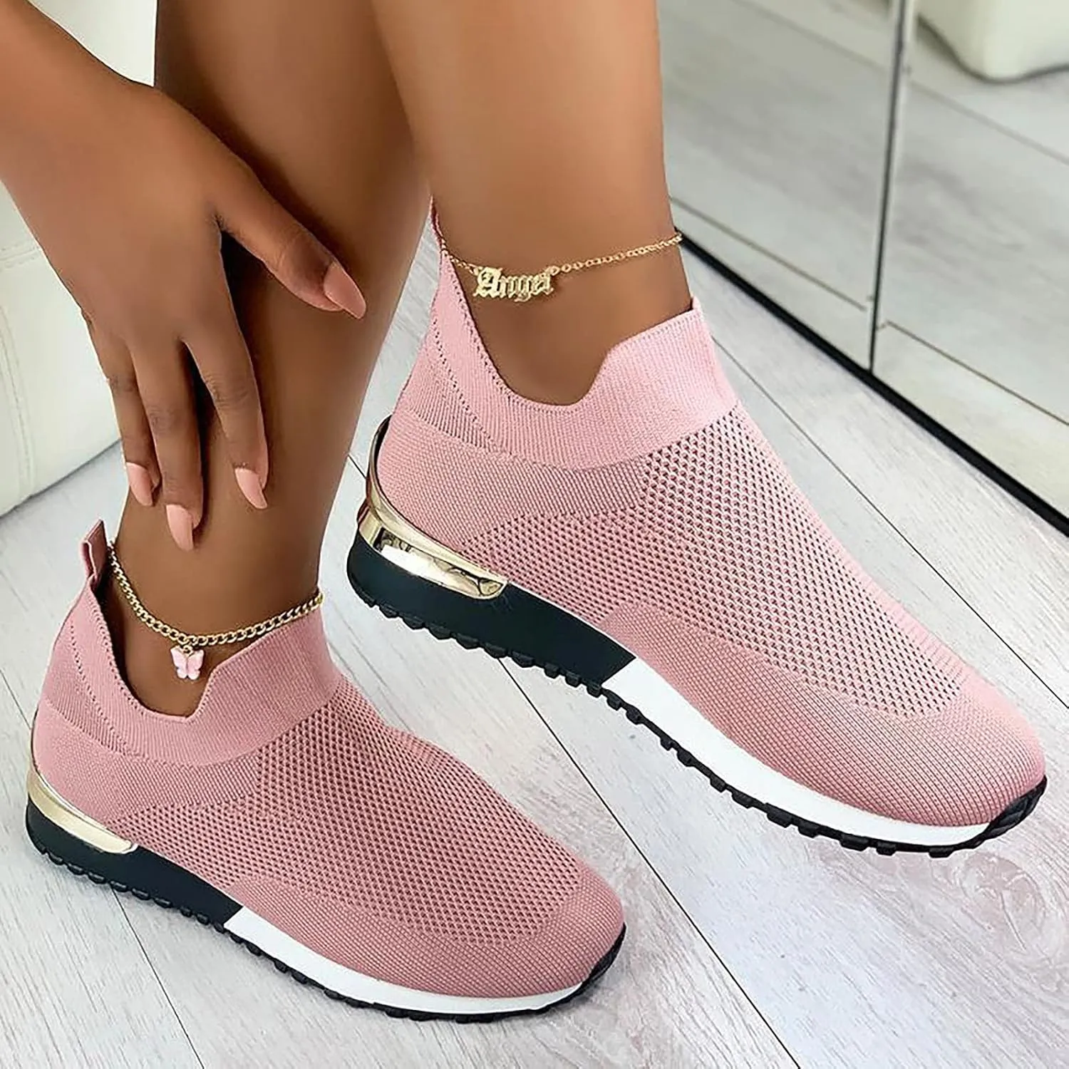 Air Cushion Slip-on Walking Shoes for Women,Orthopedic Diabetic Walking Shoes with Arch Support,Casual Breathable Knit Mesh Wedge Platform Sneaker Sandals