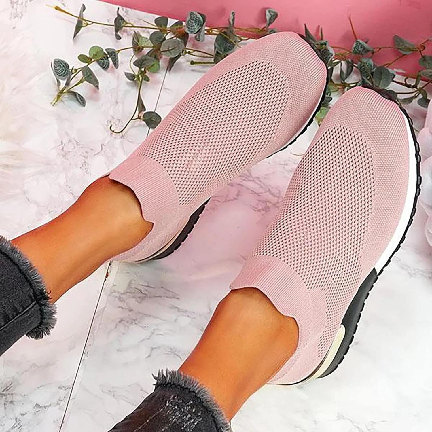Air Cushion Slip-on Walking Shoes for Women,Orthopedic Diabetic Walking Shoes with Arch Support,Casual Breathable Knit Mesh Wedge Platform Sneaker Sandals