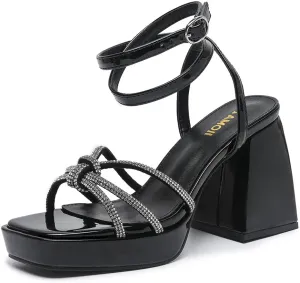 Amoji Women's 4 Inch Rhinestone Block Platform Heeled Sandal Wedding Party 316