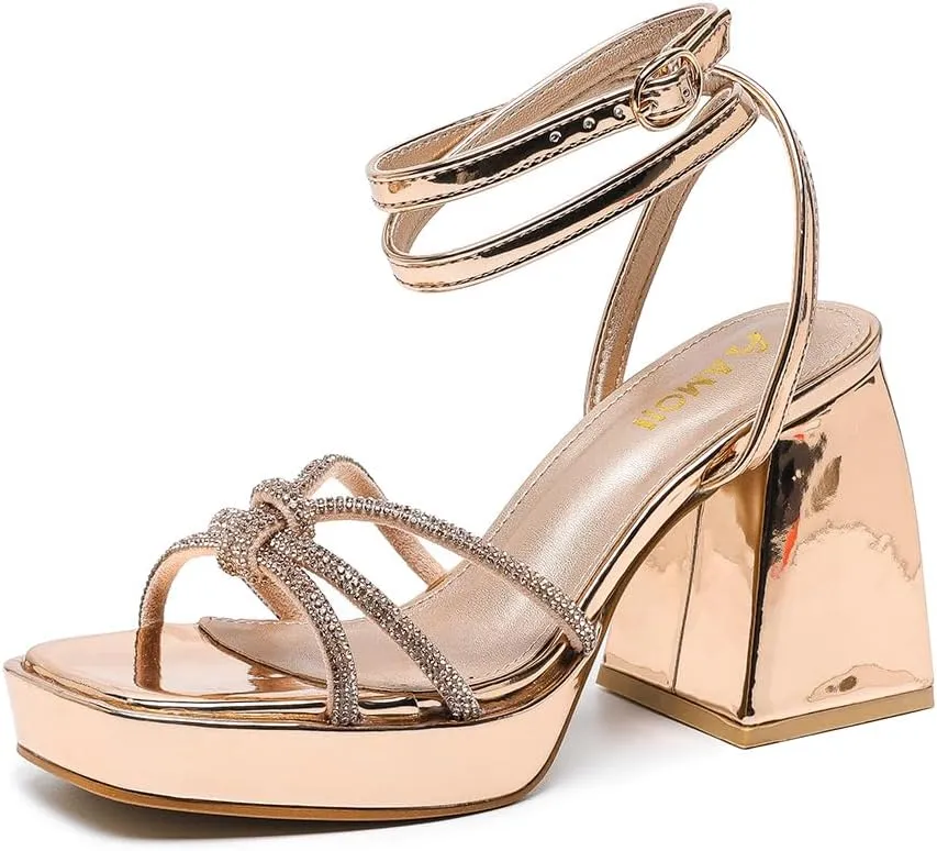 Amoji Women's 4 Inch Rhinestone Block Platform Heeled Sandal Wedding Party 316