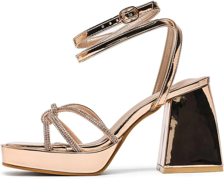 Amoji Women's 4 Inch Rhinestone Block Platform Heeled Sandal Wedding Party 316