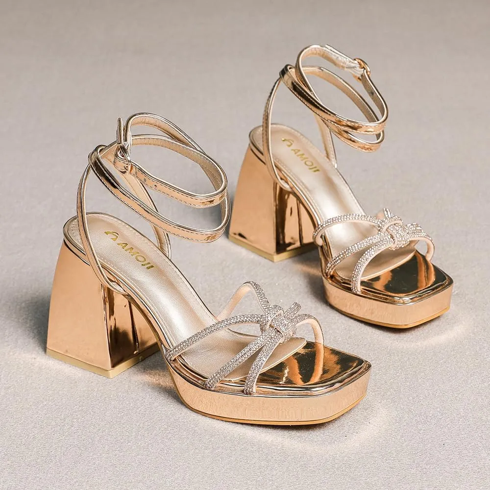 Amoji Women's 4 Inch Rhinestone Block Platform Heeled Sandal Wedding Party 316