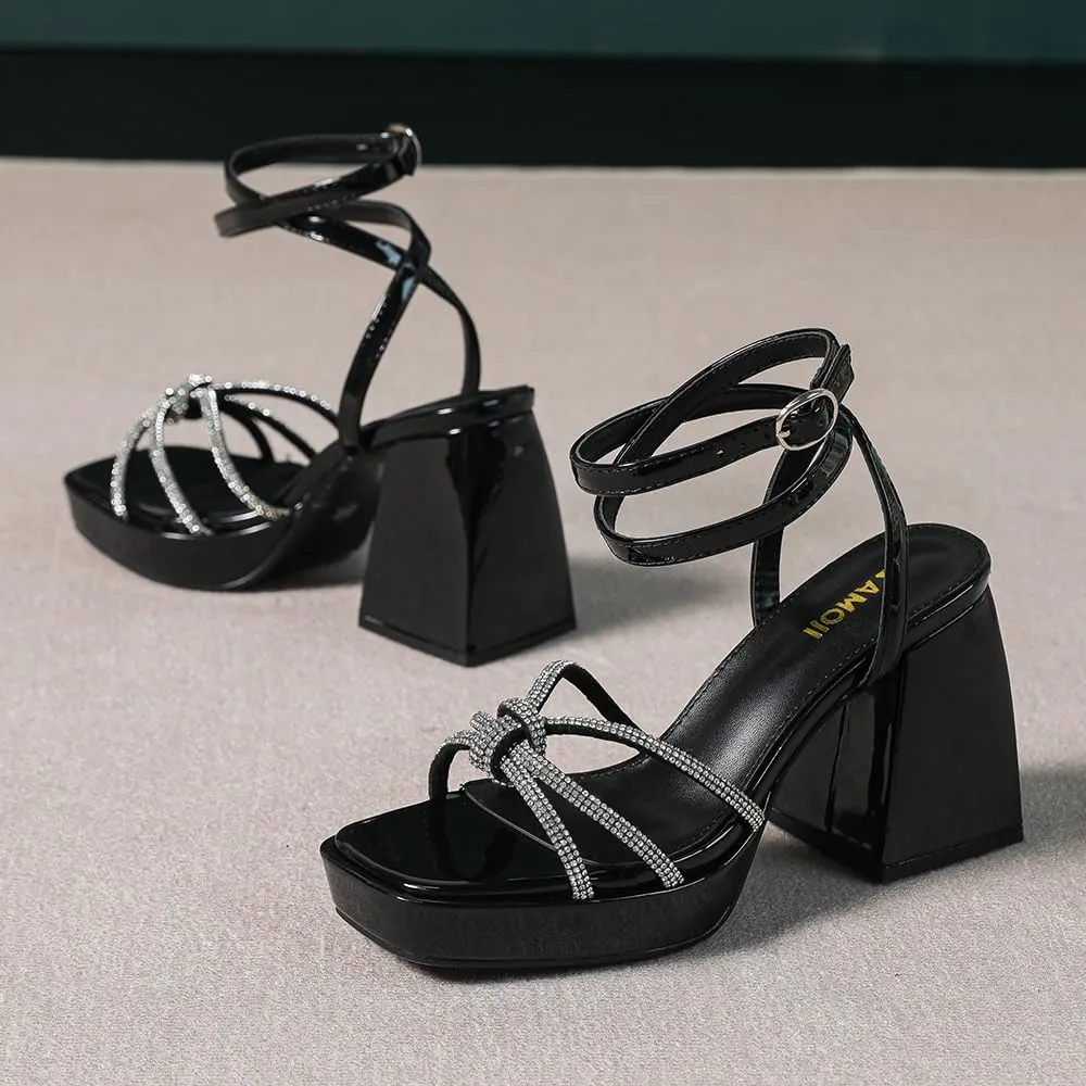 Amoji Women's 4 Inch Rhinestone Block Platform Heeled Sandal Wedding Party 316