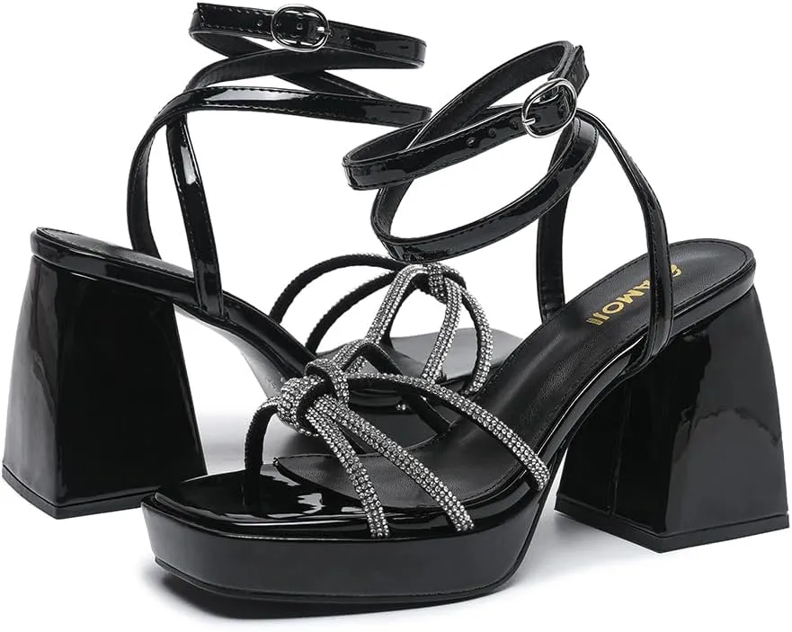 Amoji Women's 4 Inch Rhinestone Block Platform Heeled Sandal Wedding Party 316