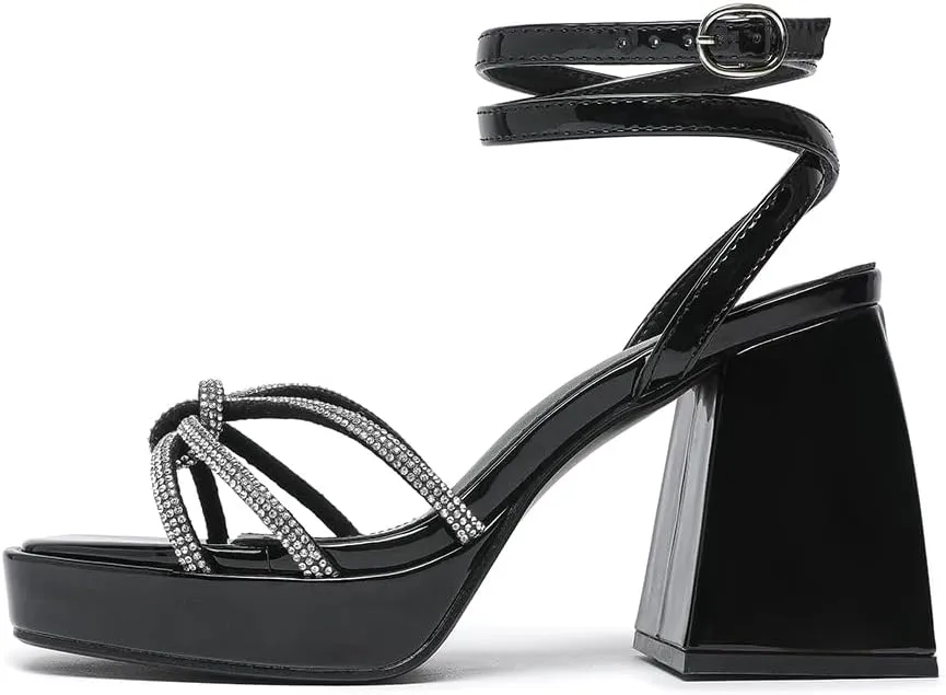 Amoji Women's 4 Inch Rhinestone Block Platform Heeled Sandal Wedding Party 316