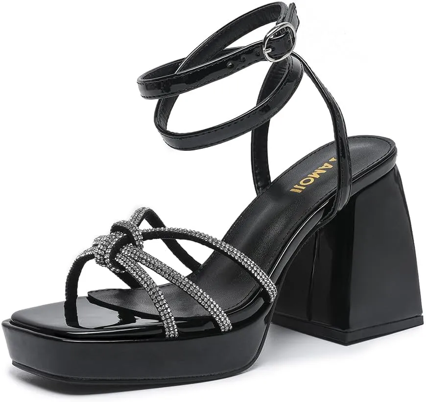 Amoji Women's 4 Inch Rhinestone Block Platform Heeled Sandal Wedding Party 316