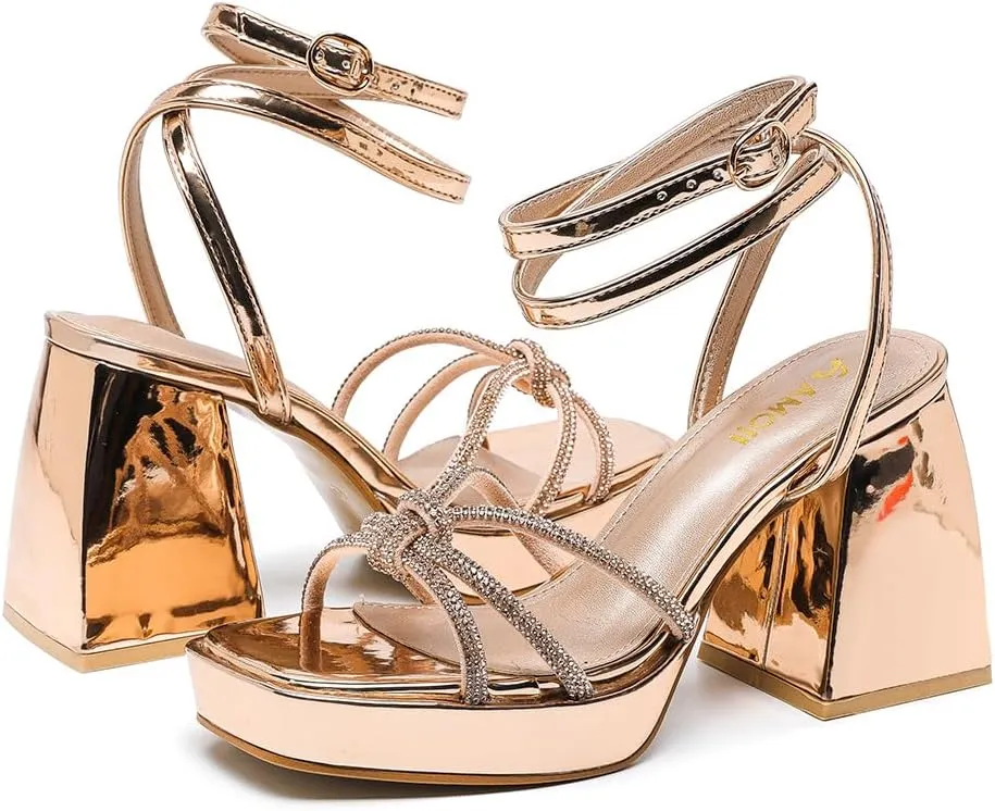 Amoji Women's 4 Inch Rhinestone Block Platform Heeled Sandal Wedding Party 316