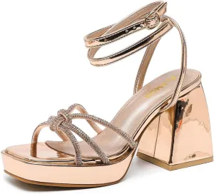 Amoji Women's 4 Inch Rhinestone Block Platform Heeled Sandal Wedding Party 316