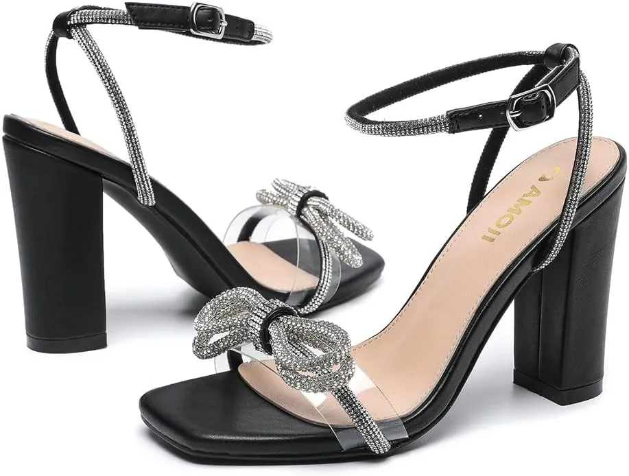 Amoji Women's 4 Inch Rhinestone Bowknots Block Heeled Crystal Sandal Ankle Strap Clear Heels 315