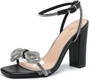 Amoji Women's 4 Inch Rhinestone Bowknots Block Heeled Crystal Sandal Ankle Strap Clear Heels 315