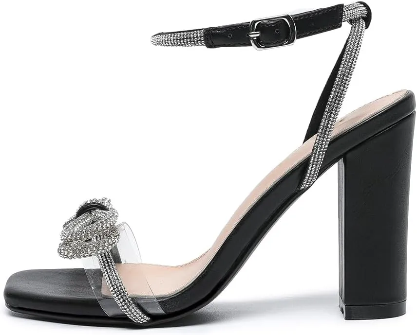 Amoji Women's 4 Inch Rhinestone Bowknots Block Heeled Crystal Sandal Ankle Strap Clear Heels 315