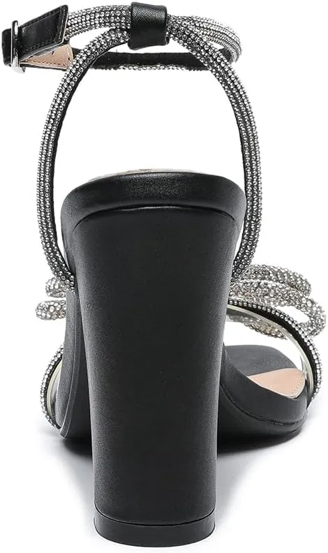 Amoji Women's 4 Inch Rhinestone Bowknots Block Heeled Crystal Sandal Ankle Strap Clear Heels 315