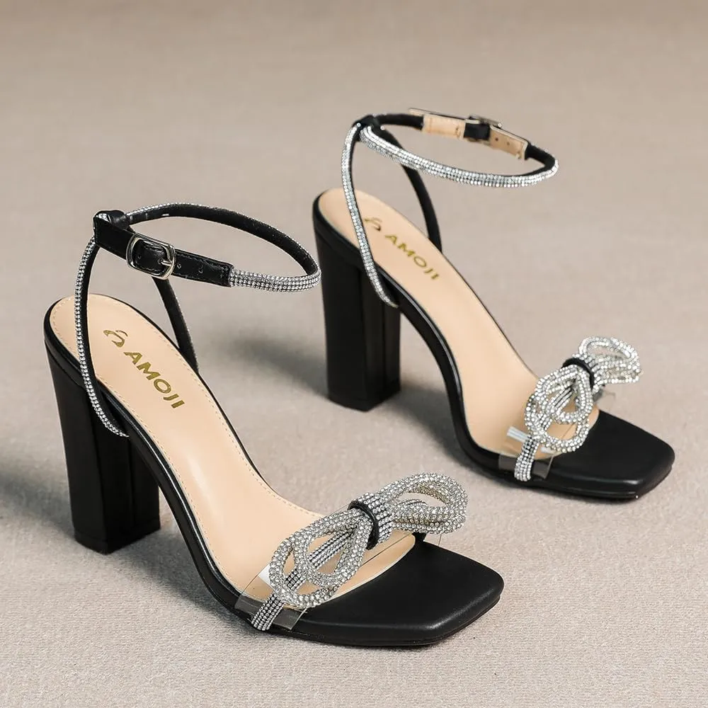 Amoji Women's 4 Inch Rhinestone Bowknots Block Heeled Crystal Sandal Ankle Strap Clear Heels 315