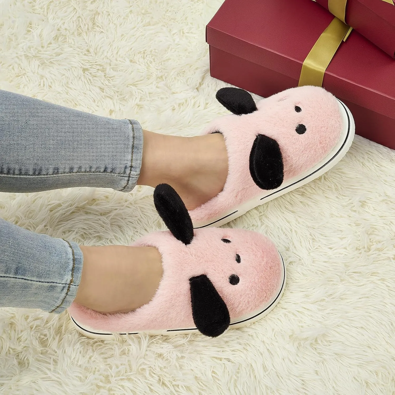 Animal Slippers for Women Indoor - Cute Fuzzy Warm Cozy Plush House Dog Slippers Memory Foam Slip On Bedroom Home Shoes