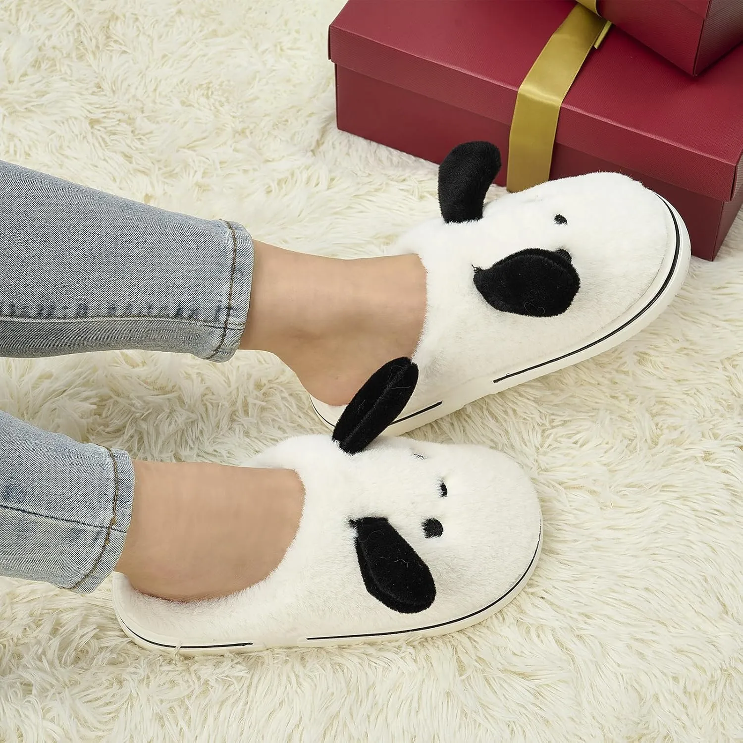 Animal Slippers for Women Indoor - Cute Fuzzy Warm Cozy Plush House Dog Slippers Memory Foam Slip On Bedroom Home Shoes