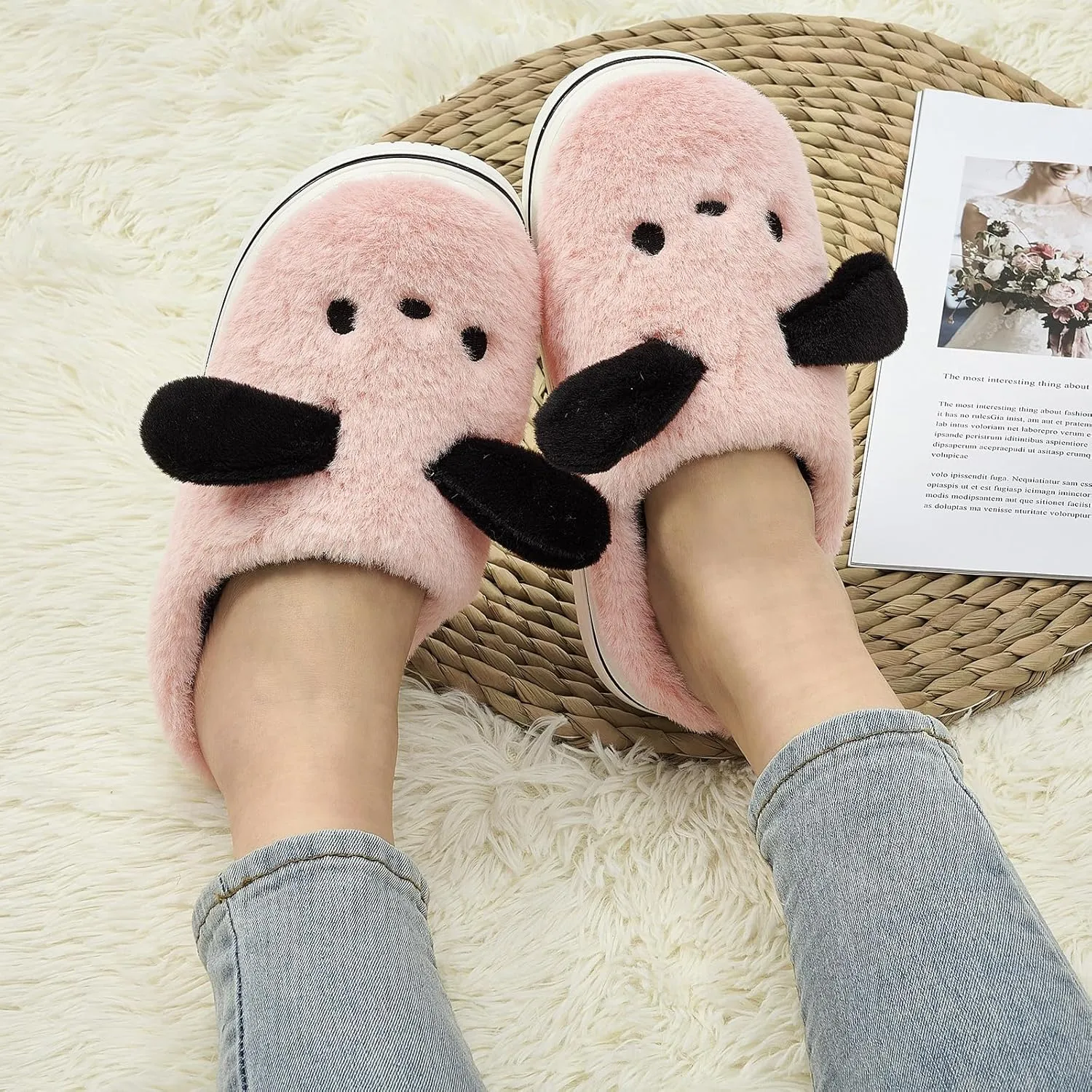 Animal Slippers for Women Indoor - Cute Fuzzy Warm Cozy Plush House Dog Slippers Memory Foam Slip On Bedroom Home Shoes