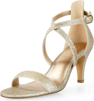 Ankis Nude Gold Black Heels Strappy Heels for Women 3 Inch Stiletto Open Toe Sandals for Wedding Evening Party Homecoming