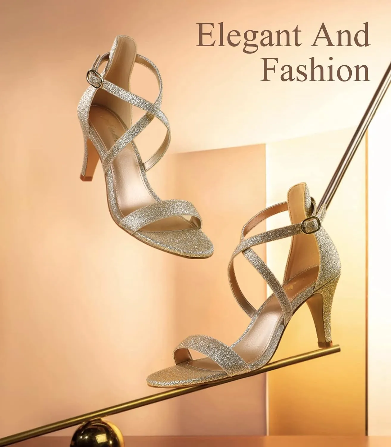 Ankis Nude Gold Black Heels Strappy Heels for Women 3 Inch Stiletto Open Toe Sandals for Wedding Evening Party Homecoming