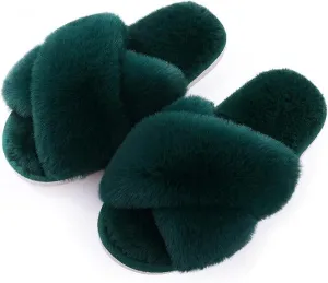 Ankis Womens Fuzzy Memory Foam Slippers Cross Band Cozy Plush Home Slippers Fluffy Furry Open Toe House Shoes Indoor Outdoor Slide Slipper