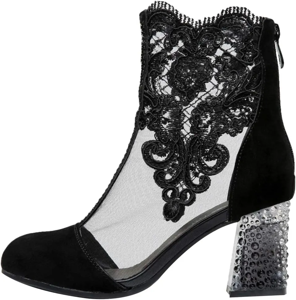 ANUFER Women Breathable Lace Peep Toe/Closed Toe Block Kitten Heel Summer Sandal Booties Dress Pumps Shoes