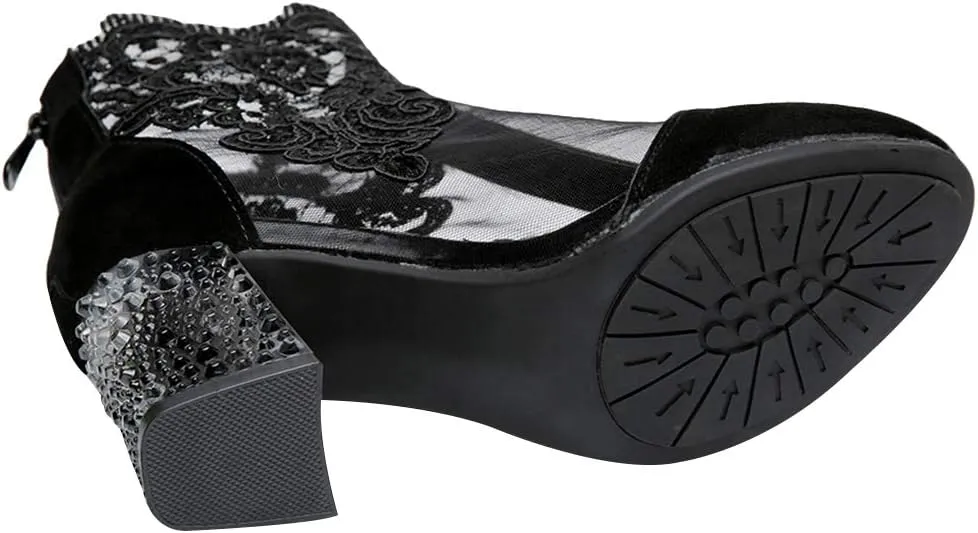 ANUFER Women Breathable Lace Peep Toe/Closed Toe Block Kitten Heel Summer Sandal Booties Dress Pumps Shoes
