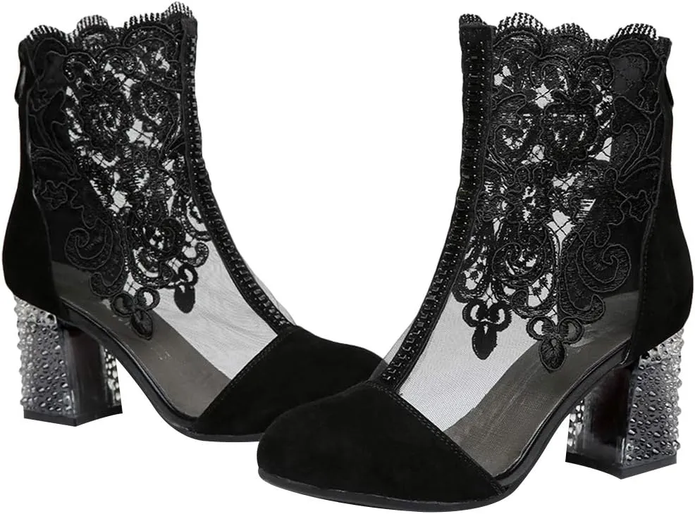 ANUFER Women Breathable Lace Peep Toe/Closed Toe Block Kitten Heel Summer Sandal Booties Dress Pumps Shoes