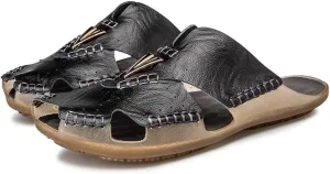 Asifn Men's Slides Sandals Summer Outdoor Walking Leather Breathable Flip Flops Beach Soft Open Toe Casual Slipper
