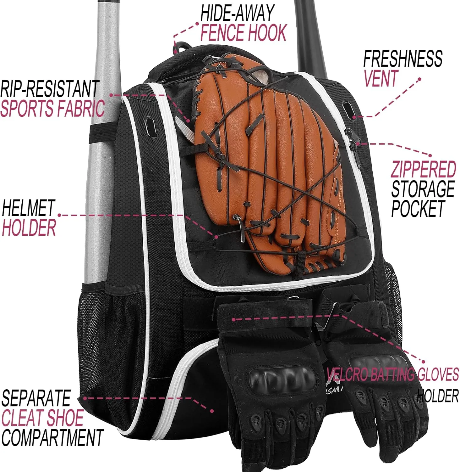 Baseball Bag-Baseball Backpack Holder for Baseball, Large Main Compartment,Softball Tball& Gear for Youth and Adults