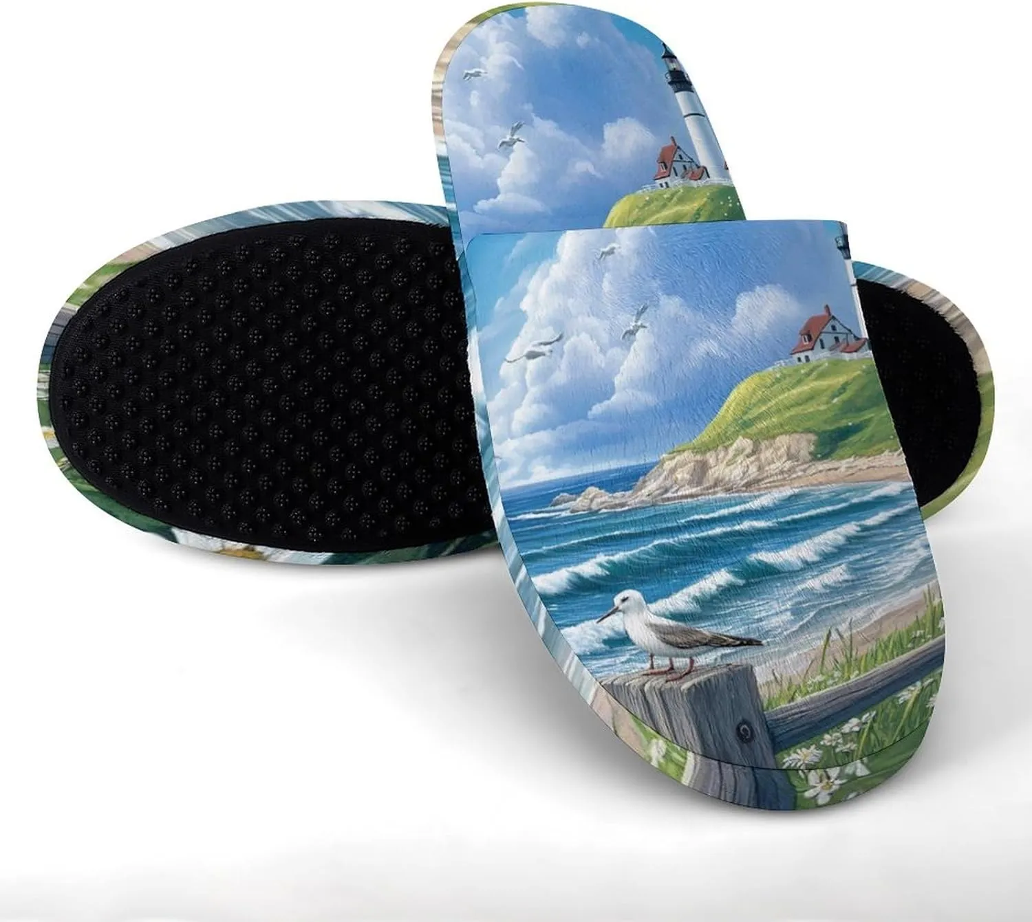 Beach Seascape Lighthouse Mens Slippers Warm House Shoes Cotton Slippers Home Bedroom Slippers Casual Shoes
