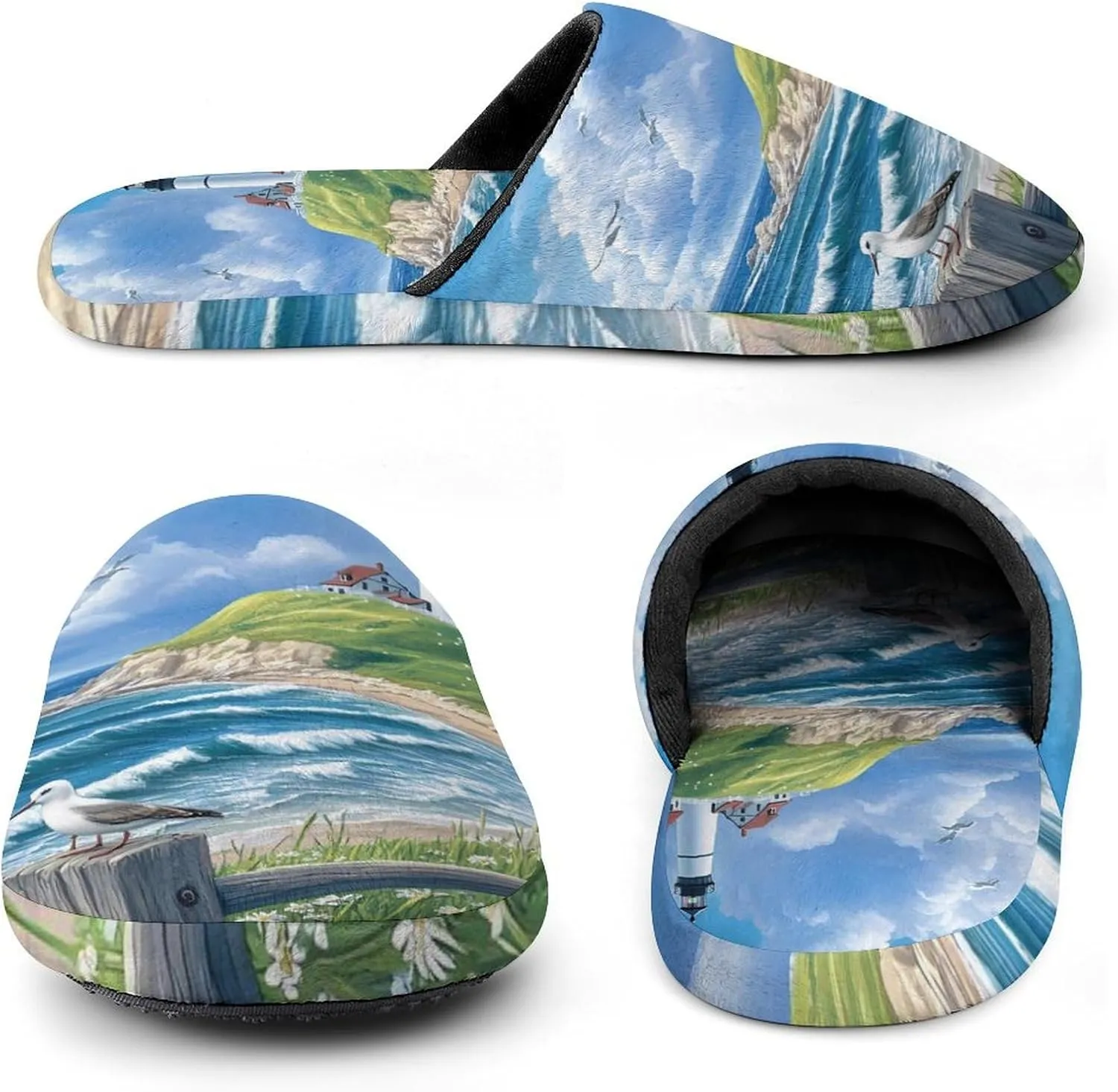 Beach Seascape Lighthouse Mens Slippers Warm House Shoes Cotton Slippers Home Bedroom Slippers Casual Shoes