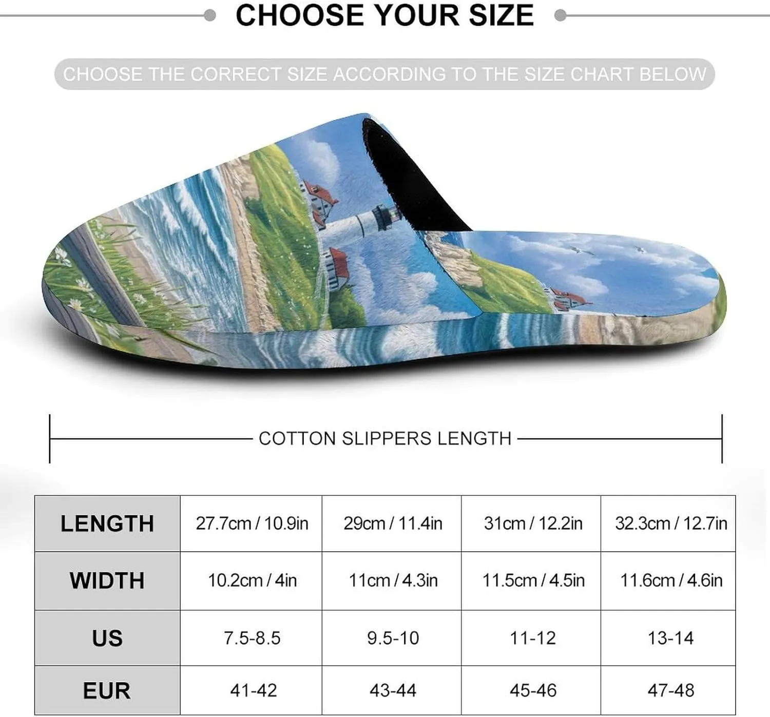 Beach Seascape Lighthouse Mens Slippers Warm House Shoes Cotton Slippers Home Bedroom Slippers Casual Shoes