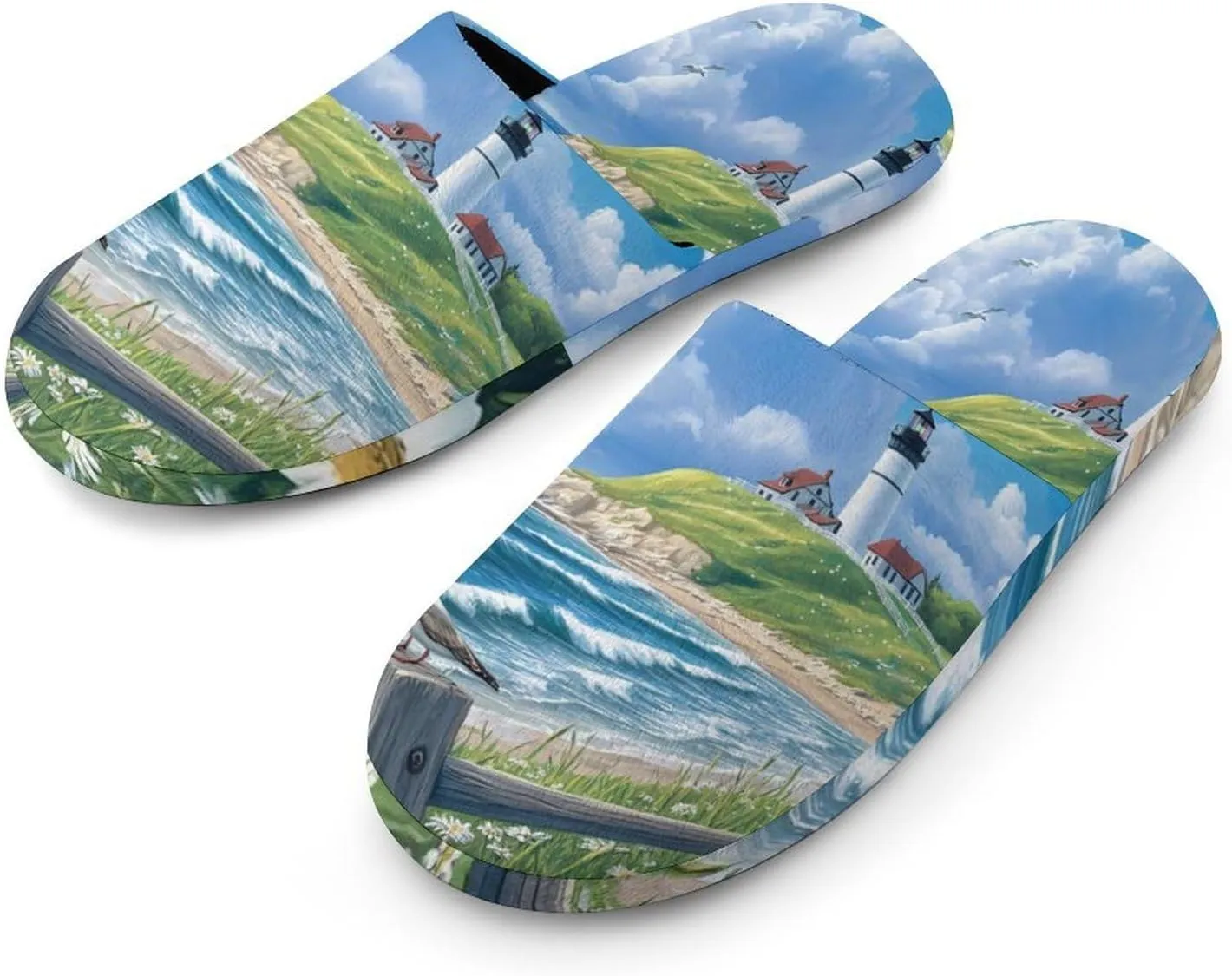 Beach Seascape Lighthouse Mens Slippers Warm House Shoes Cotton Slippers Home Bedroom Slippers Casual Shoes
