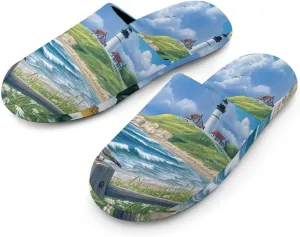 Beach Seascape Lighthouse Mens Slippers Warm House Shoes Cotton Slippers Home Bedroom Slippers Casual Shoes