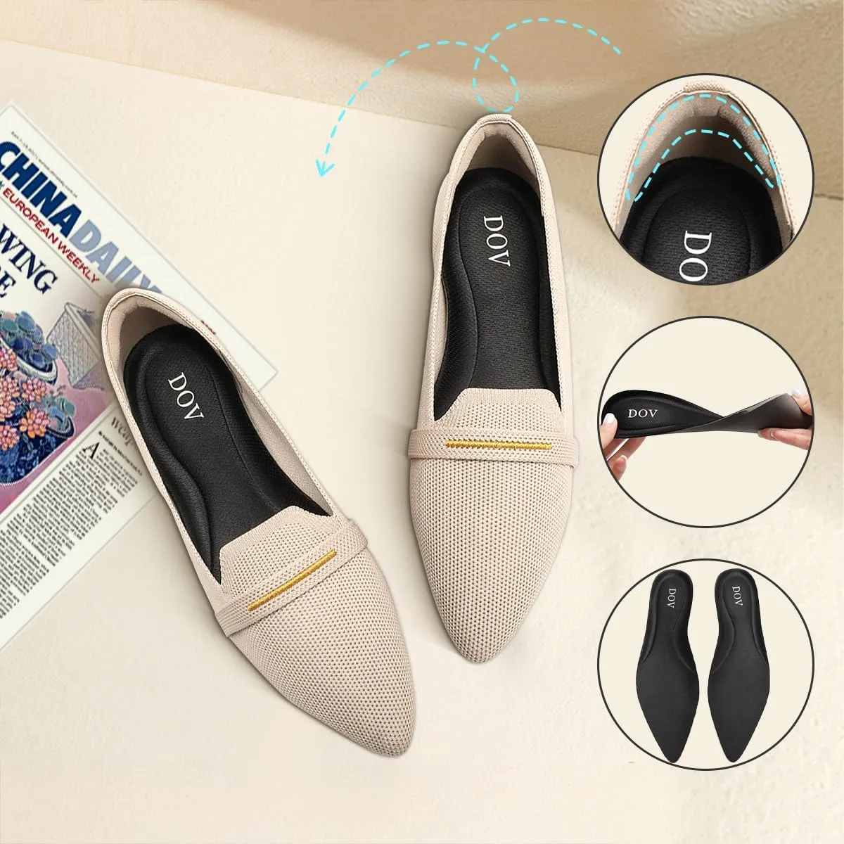 Bealin Womens Flats Dressy Pointed Toe Knit Ballet Shoes Confortable Women Soft Flats Shoes Slip On Loafer Shoes