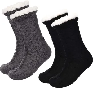 Boao 2 Pairs Women Warm Slipper Socks Christmas Fuzzy Winter Fleece Socks with Grippers Lined Non Slip Slipper Gift